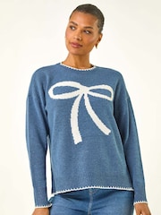 Roman Blue Contrast Stitch Bow Knit Jumper - Image 1 of 5