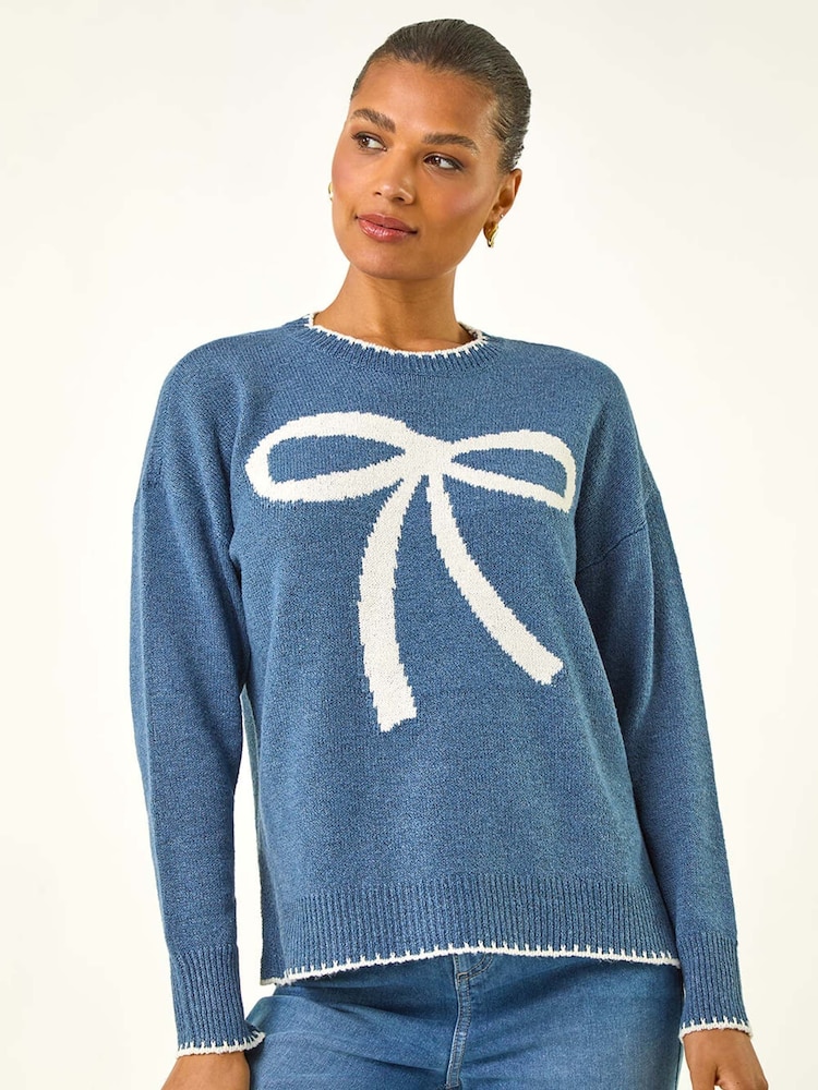 Roman Blue Contrast Stitch Bow Knit Jumper - Image 1 of 5