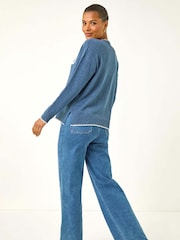 Roman Blue Contrast Stitch Bow Knit Jumper - Image 2 of 5
