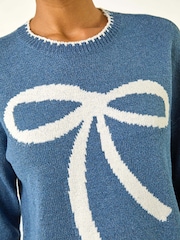 Roman Blue Contrast Stitch Bow Knit Jumper - Image 3 of 5