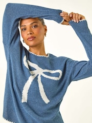 Roman Blue Contrast Stitch Bow Knit Jumper - Image 4 of 5
