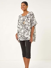 Preto - Roman Leaf Print Necklace Detail Tunic Top - Imagem 2 de 5