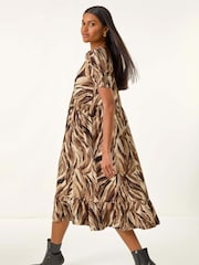 Roman Brown Abstract Print Tie Front Smock Dress - Image 1 of 5
