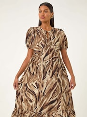 Roman Brown Abstract Print Tie Front Smock Dress - Image 2 of 5