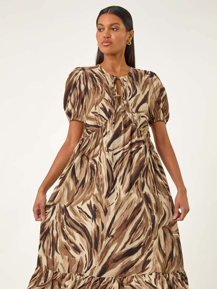 Roman Brown Abstract Print Tie Front Smock Dress - Image 2 of 5