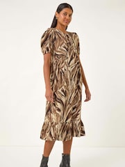 Roman Brown Abstract Print Tie Front Smock Dress - Image 3 of 5