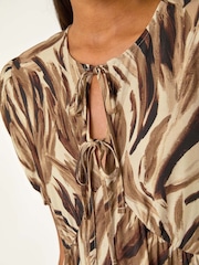 Roman Brown Abstract Print Tie Front Smock Dress - Image 5 of 5