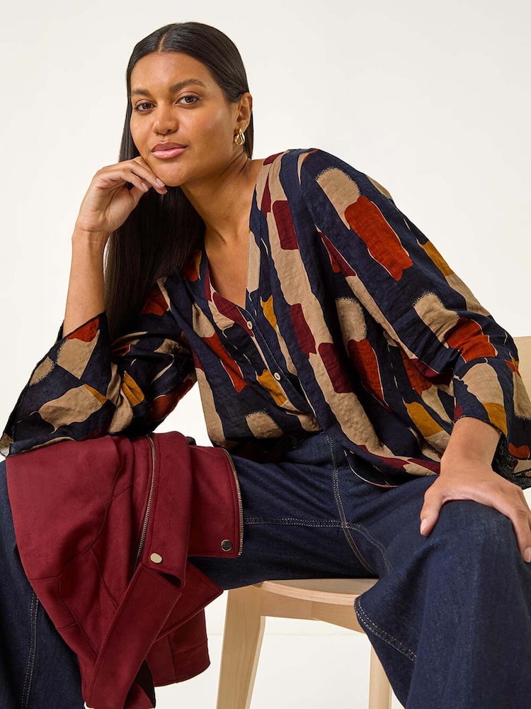 Roman Blue Abstract Print Buttoned Blouse - Image 1 of 5
