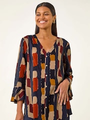 Roman Blue Abstract Print Buttoned Blouse - Image 4 of 5