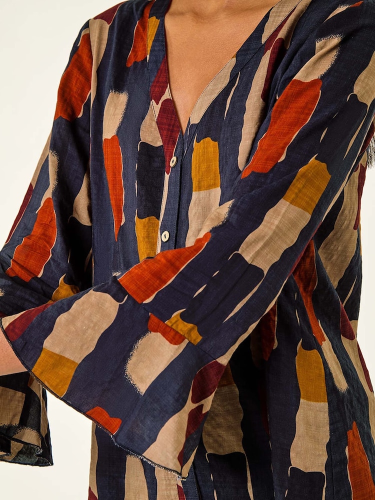 Roman Blue Abstract Print Buttoned Blouse - Image 5 of 5