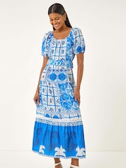 Roman Blue Abstract Border Belted Midi Dress - Image 1 of 5