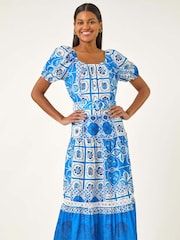 Roman Blue Abstract Border Belted Midi Dress - Image 2 of 5