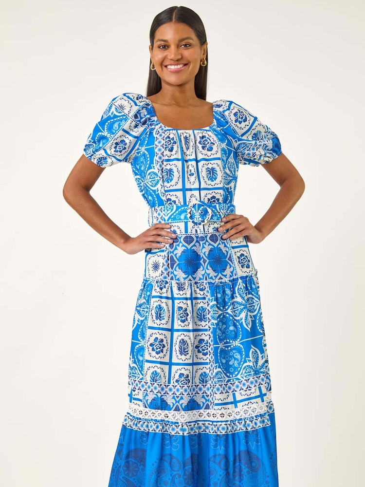 Roman Blue Abstract Border Belted Midi Dress - Image 2 of 5