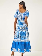 Roman Blue Abstract Border Belted Midi Dress - Image 3 of 5
