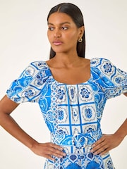 Roman Blue Abstract Border Belted Midi Dress - Image 4 of 5