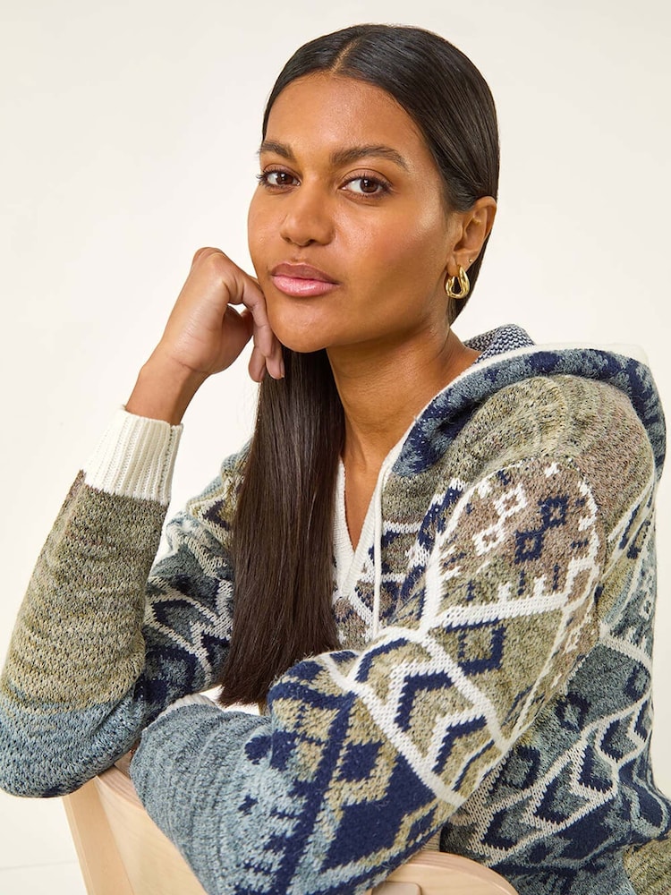 Roman Grey Jacquard Hooded Knit Jumper - Image 1 of 5