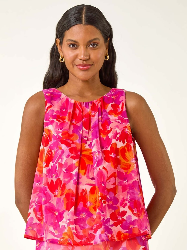 Roman Floral Print Double Layered Pleated Vest Top - Imagem 1 de 5