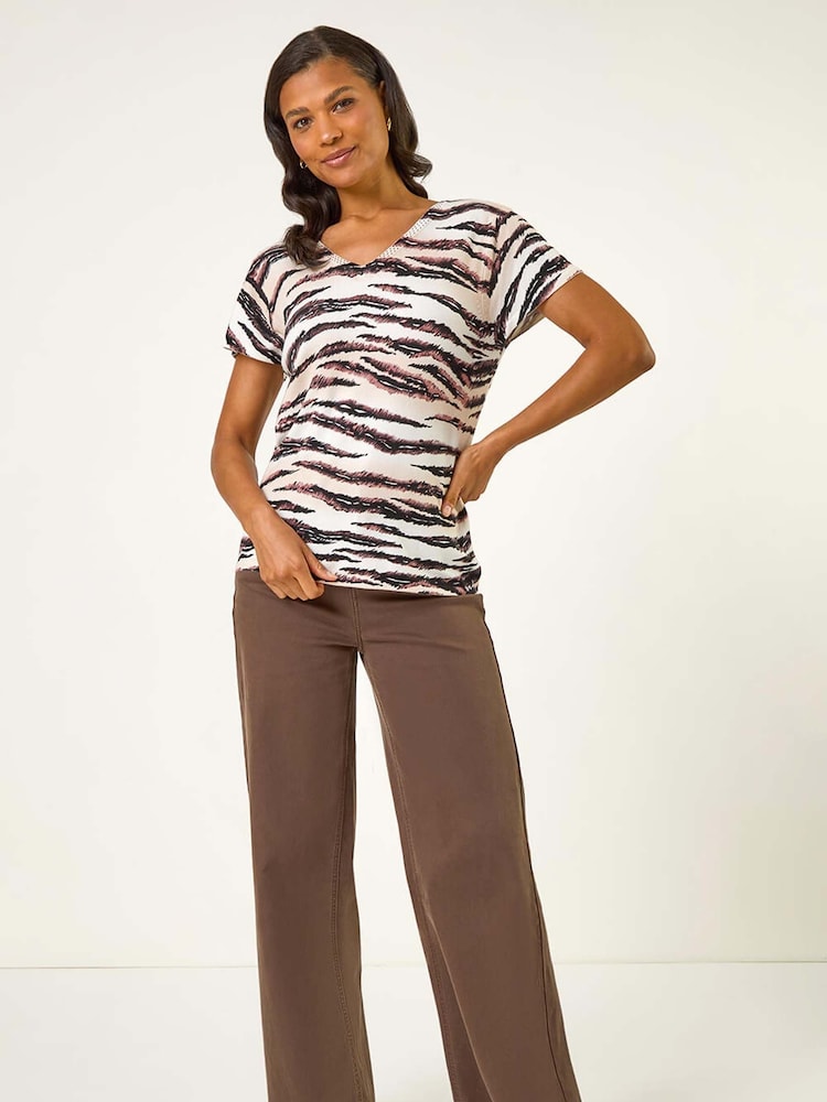Roman Black Animal Print Embellished V-Neck Knit Blouse - Image 1 of 5