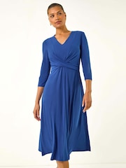 Roman Liight Blue Stretch Cross-Over Midi Dress - Image 1 of 5