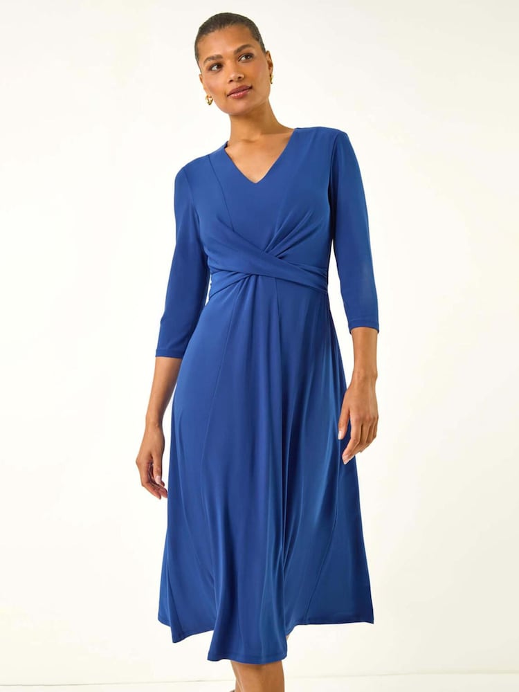 Roman Liight Blue Stretch Cross-Over Midi Dress - Image 1 of 5