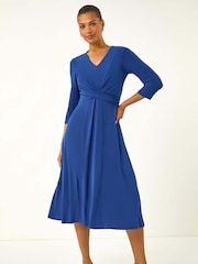 Roman Liight Blue Stretch Cross-Over Midi Dress - Image 2 of 5
