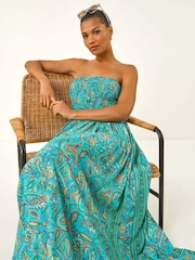 فستان متوسط الطول مُجمّع بكتف مكشوفة بطبعة مورّدة من Roman - صورة 1 من 5