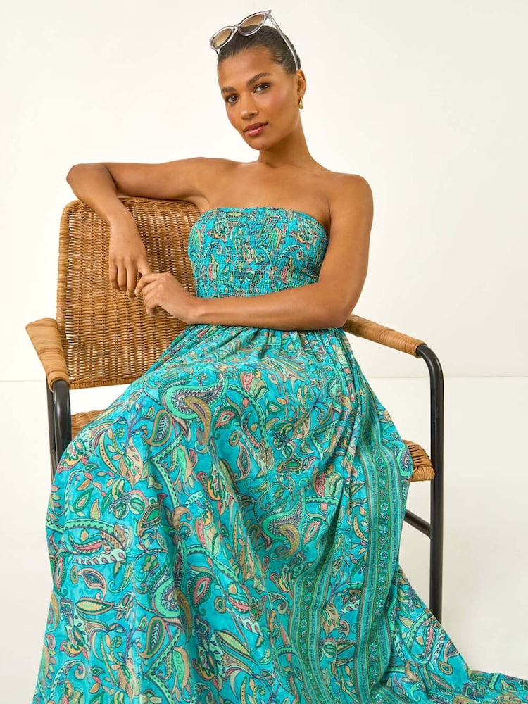 فستان متوسط الطول مُجمّع بكتف مكشوفة بطبعة مورّدة من Roman - صورة 1 من 5