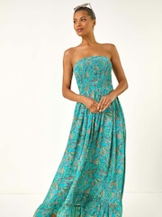 فستان متوسط الطول مُجمّع بكتف مكشوفة بطبعة مورّدة من Roman - صورة 2 من 5