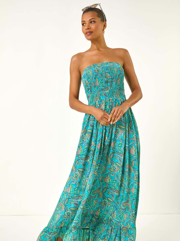 فستان متوسط الطول مُجمّع بكتف مكشوفة بطبعة مورّدة من Roman - صورة 2 من 5