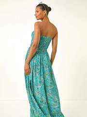 فستان متوسط الطول مُجمّع بكتف مكشوفة بطبعة مورّدة من Roman - صورة 3 من 5