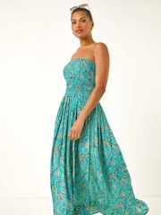 فستان متوسط الطول مُجمّع بكتف مكشوفة بطبعة مورّدة من Roman - صورة 4 من 5