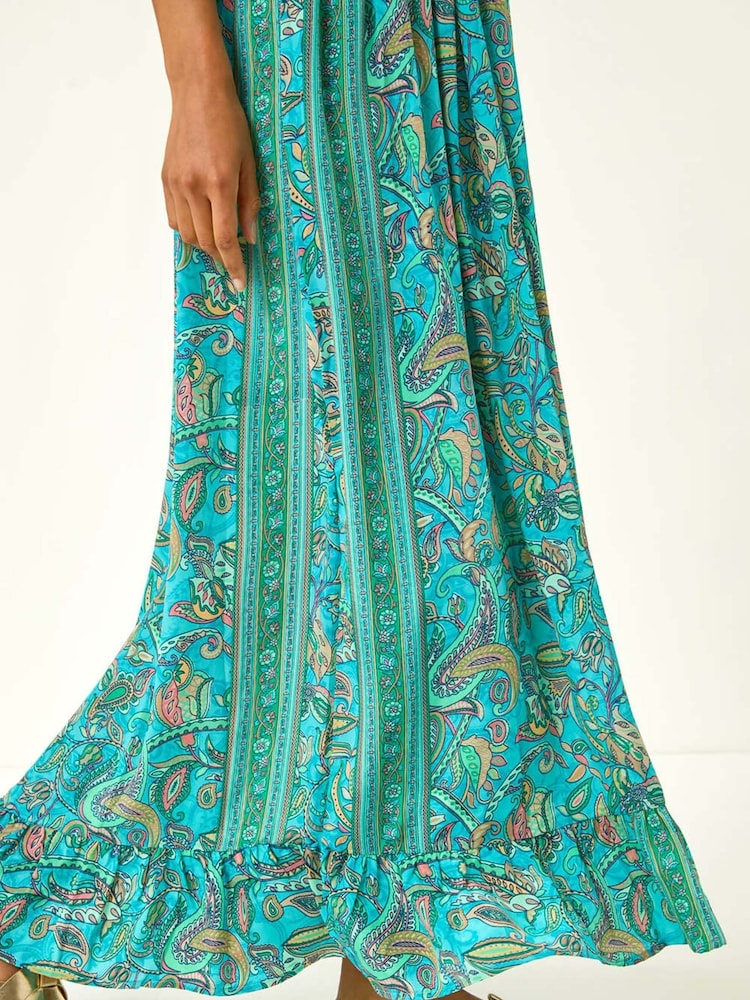 فستان متوسط الطول مُجمّع بكتف مكشوفة بطبعة مورّدة من Roman - صورة 5 من 5