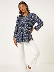 Roman Blue Ditsy Floral Print Stretch Blouse - Image 1 of 5