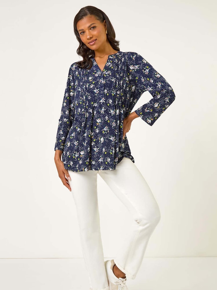 Roman Blue Ditsy Floral Print Stretch Blouse - Image 1 of 5