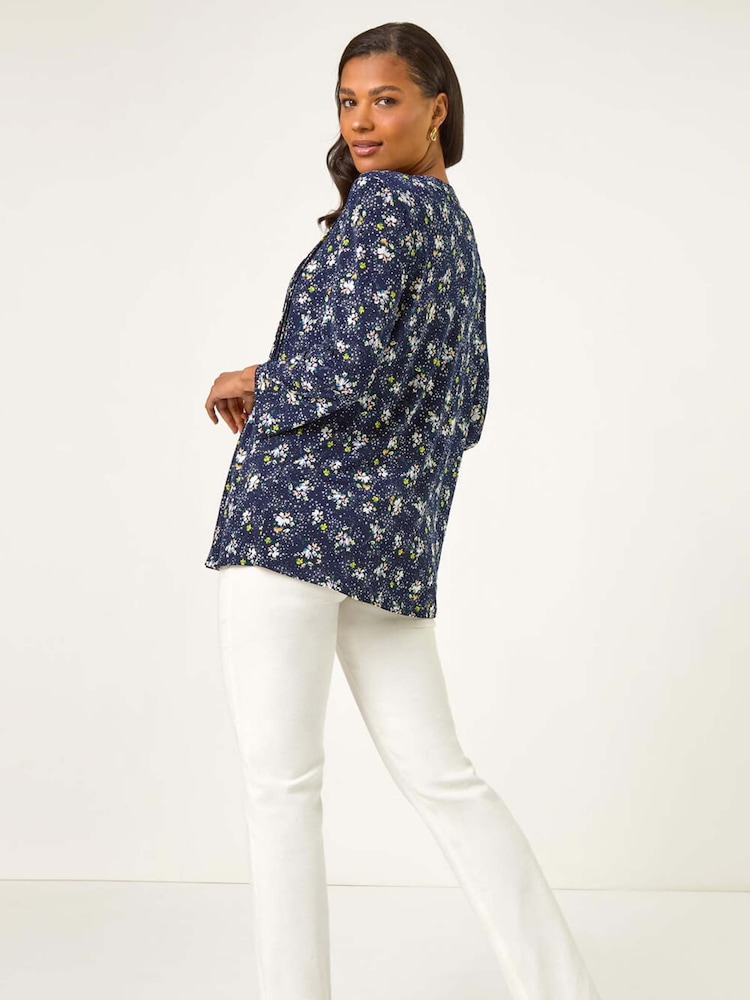 Roman Blue Ditsy Floral Print Stretch Blouse - Image 2 of 5