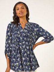Roman Blue Ditsy Floral Print Stretch Blouse - Image 3 of 5