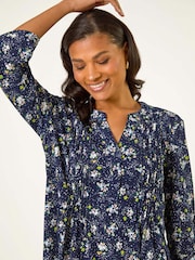 Roman Blue Ditsy Floral Print Stretch Blouse - Image 4 of 5