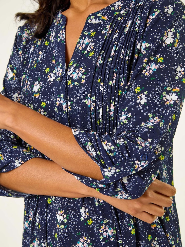 Roman Blue Ditsy Floral Print Stretch Blouse - Image 5 of 5