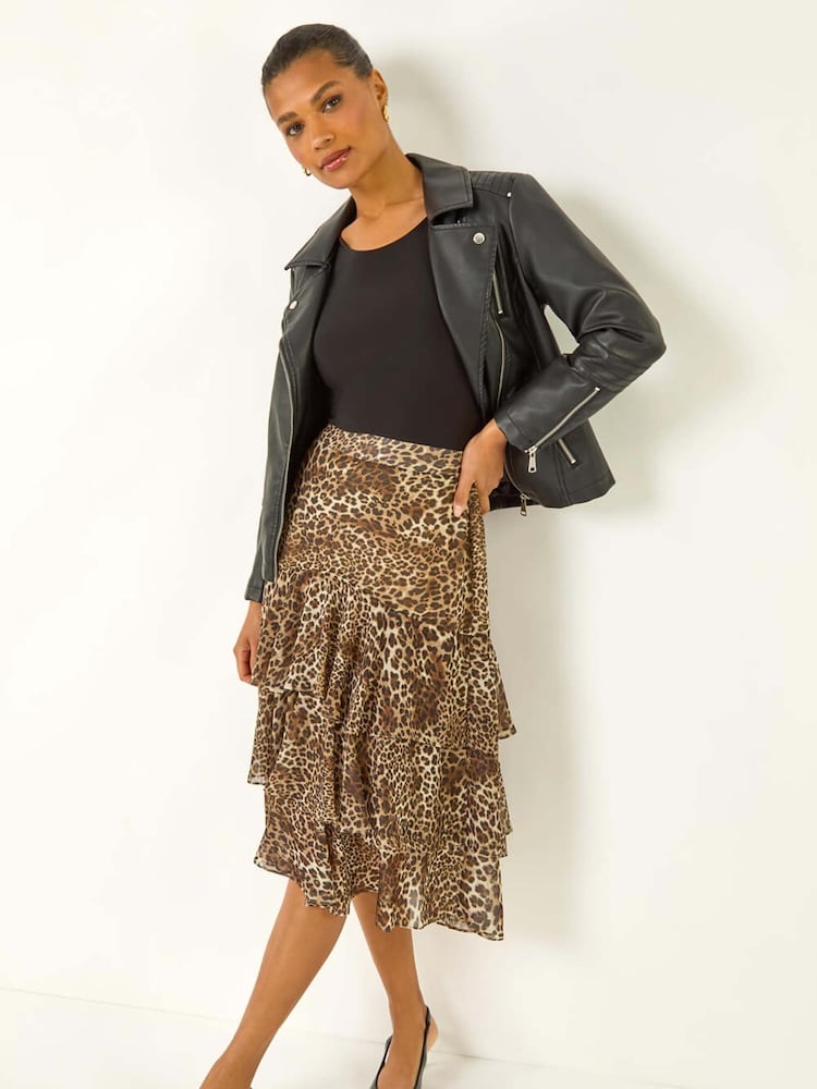 Roman Brown Animal Print Ruffled Skirt - Image 1 of 1