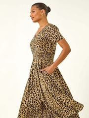 Roman Natural Animal Print Shirred Midi Dress - Image 1 of 5