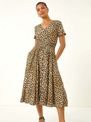 Roman Natural Animal Print Shirred Midi Dress - Image 2 of 5