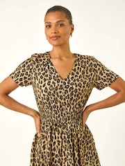 Roman Natural Animal Print Shirred Midi Dress - Image 4 of 5