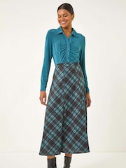 Roman Blue Panelled Check Midi Skirt - Image 2 of 5
