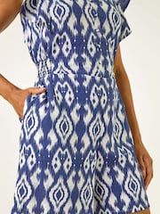 Roman Blue Aztec Print Linen V-Neck Playsuit - Image 5 of 5