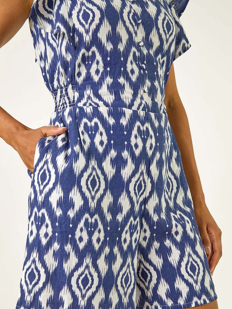 Roman Blue Aztec Print Linen V-Neck Playsuit - Image 5 of 5