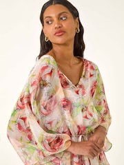 Roman Floral Print Kimono Tunic Top - Imagem 4 de 5