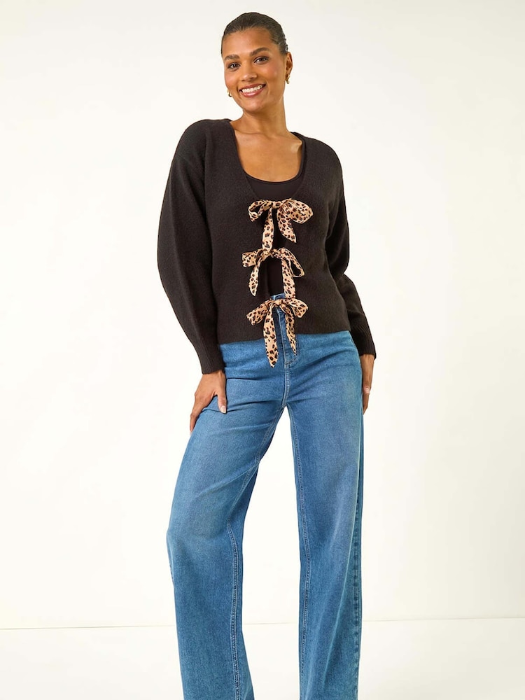 Roman Black Animal Print Tie Front Knit Cardigan - Image 1 of 5 Roman Black Animal Print Tie Front Knit Cardigan - Image 1 of 5