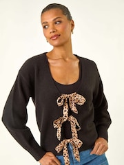 Roman Black Animal Print Tie Front Knit Cardigan - Image 3 of 5
