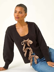 Roman Black Animal Print Tie Front Knit Cardigan - Image 4 of 5
