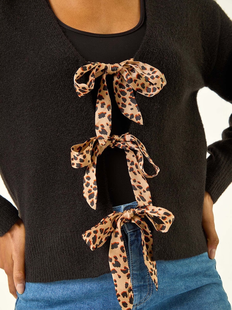 Roman Black Animal Print Tie Front Knit Cardigan - Image 5 of 5 Roman Black Animal Print Tie Front Knit Cardigan - Image 5 of 5